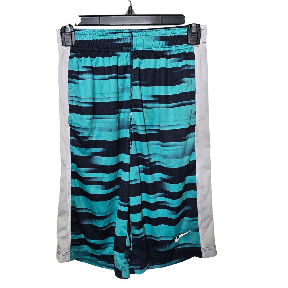 Nike Dri Fit Boys Long Shorts Navy Green Size Large Waist 23" Drawstring Waist